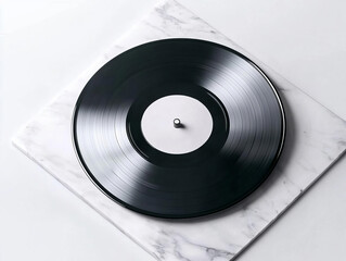 Obraz premium Blank black vinyl record on a marble surface with no label, offering a premium and clean look for high-end music product mockups