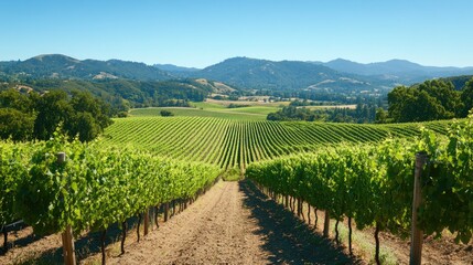 Lush vineyards of Napa Valley with a clear sky and space for text or design