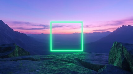Green neon square on sky with mountains in sunrise
