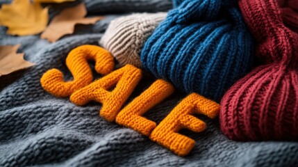 Discover a warm and inviting scene featuring cozy knitted items and autumn leaves showcasing a vibrant sale. Perfect for seasonal marketing and home decor themes.