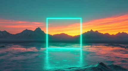 Green neon square on sky with mountains in sunrise
