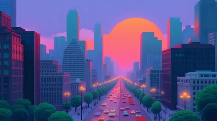 Obraz premium a bustling modern city at sunset, where the skyline is dominated by towering skyscrapers crafted from gleaming glass and steel.