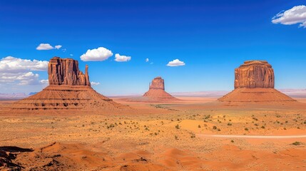 Fototapeta premium Monument Valley's iconic rock formations against a bright blue sky, space for text