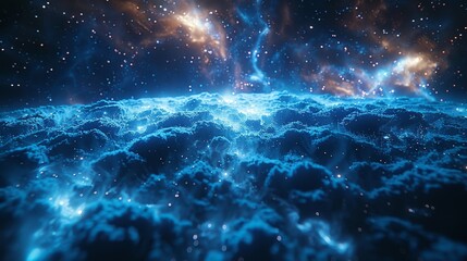 Fototapeta premium Blue Alien Landscape, Extraterrestrial Planet Surface with glowing atmosphere, cosmic dust, nebula