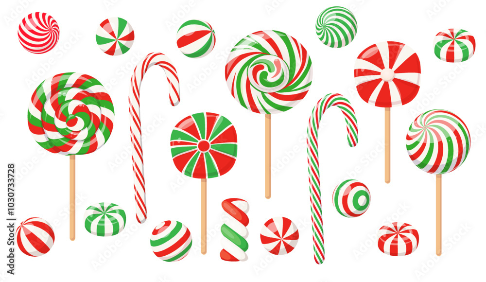 Wall mural Christmas lollipops, candy canes and peppermint sweets with spiral red and green stripes and swirls. Hard sugar candies and caramels on sticks, striped Xmas lollipops, vector cartoon set