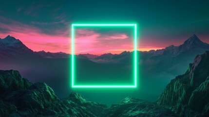 Green neon square on sky with mountains in sunrise
