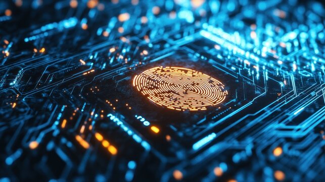 The image depicts a glowing fingerprint integrated into a blue circuit board, symbolizing advanced digital security, biometric authentication technology, and cyber protection.