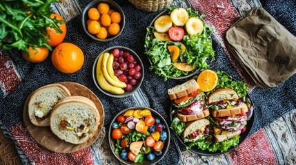 Fototapeta premium Colorful Healthy Picnic Spread with Fruits, Sandwiches, and Salads on Rustic Blanket