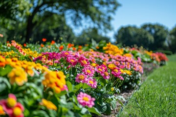 Beautiful flower bed with colorful flowers, green grass, and trees under a clear sky on a summer day in the park.