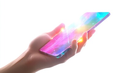 A hand holding a smartphone emanating a bright, colorful light, symbolizing advanced, high-tech, or futuristic smartphone technology.