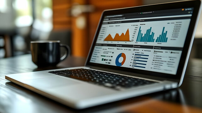 Laptop displaying data analytics with a coffee cup nearby. - Powered by Adobe