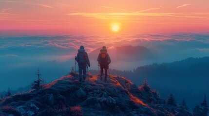 Obraz premium Two people on a hiking adventure at dusk, showcasing teamwork, friendship, and achievement. The majestic view and foggy landscape symbolize their journey, confidence, and passion. High resolution