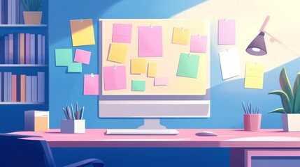 A tidy workspace with a computer monitor covered in colorful sticky notes, bookshelves, houseplants, and a desk lamp, suggesting a vibrant, organized work environment.