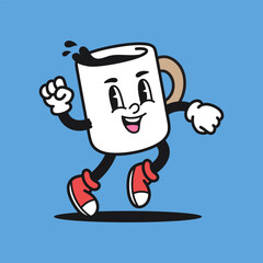 Coffee Cup Dancing 3 Retro Mascot Cartoon Vector Illustration