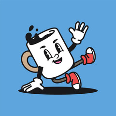 Coffee Cup Break Dance Retro Mascot Cartoon Vector Illustration