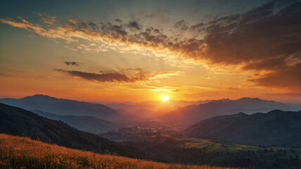 Rolling mountains gradually fading into twilight, with patches of golden sunlight highlighting rugged cliffs and valleys, inviting a sense of calm and wonder.
