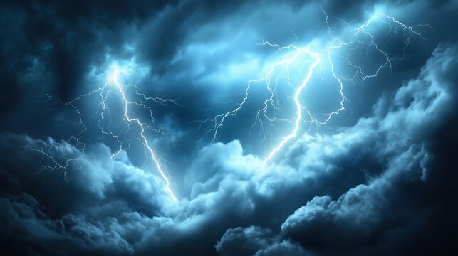 A dramatic and intense thunderstorm scene with powerful lightning illuminating the dark sky filled with dense clouds. The abstract patterns of dark blue and gray thunderclouds create a visually striki