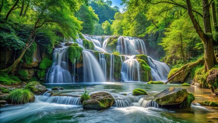 Fototapeta premium Forest waterfall with a change in height among trees and rocks, Extreme Close-Up