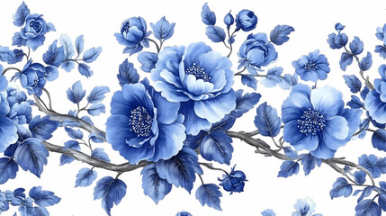 Obraz premium A decorative floral pattern featuring blue flowers and leaves.