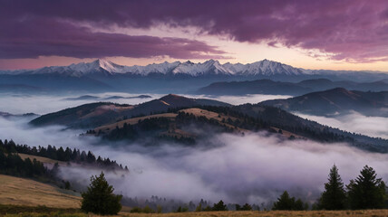 Enchanted mountains draped in vibrant purple wildflowers, their peaks glowing softly under a starlit sky, evoking a dreamlike escape into nature.