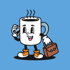 Coffee On Phone Call Retro Mascot Cartoon Vector Illustration