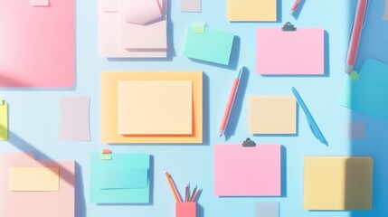 Assorted colorful sticky notes, pencils, and clips on a pastel blue background, representing an organized creative workspace for planning and note-taking.