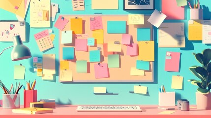 A cork board filled with colorful sticky notes, surrounded by office supplies, a lamp, and plants on a desk against a pastel blue background.