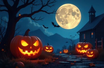 Fototapeta premium Halloween pumpkins lighting the path to a haunted house