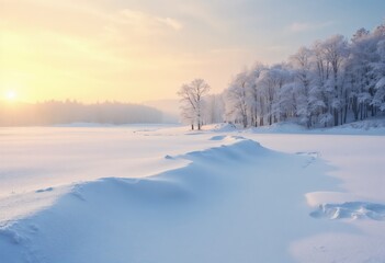 Winter forest with soft morning sunlight breaking through the trees, showing a serene snowy landscape