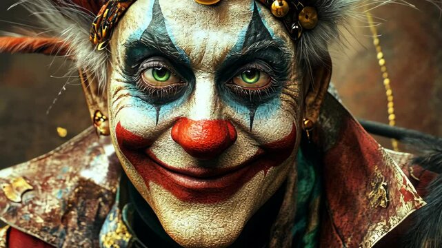 A close-up portrait of a man in clown makeup, staring directly at the camera with a sinister smile