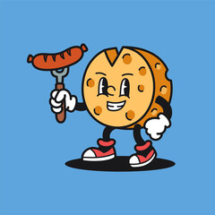 Cheese Holding Sausage Retro Mascot Cartoon Vector Illustration