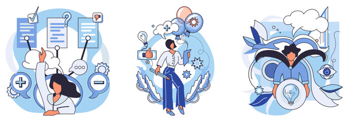 Mindset. Woman checks off tasks on a clipboard. Individual contemplates ideas with gears, a lightbulb, and a globe. Person holds a lightbulb among abstract designs. Ideal for productivity