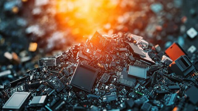 A pile of discarded electronics sits in a recycling center, awaiting processing