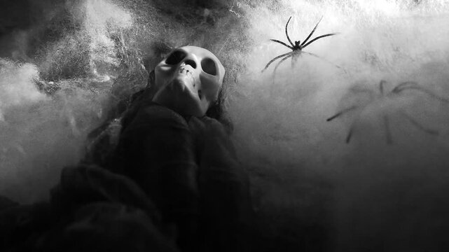 Haunting Halloween setting, a skull skeleton lies among eerie cobwebs, with dark spiders weaving stealthily around. Atmosphere is filled with frightful allure. Theme of horror, mysticism and oblivion