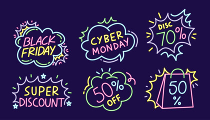 Black Friday Cyber Monday promo icons with retro neon style