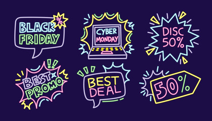 Black Friday Cyber Monday promo icons with retro neon style