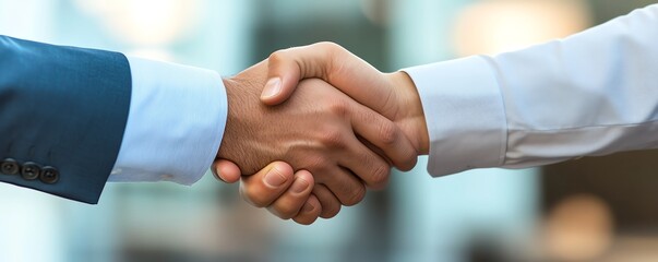 Professional handshake between two individuals symbolizing business agreement and partnership. Close-up shot with blurred background.