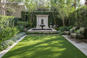 Lush Small Backyard with Seating Area, Decorative Fountain, and White Stone Wall in Scottsdale, Arizona