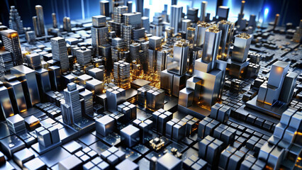 Fototapeta premium Futuristic cityscape with metallic skyscrapers densely stacked next to each other, reflecting the light in a grid-like pattern. It suggests a high-tech, digital theme with its geometric precision. AI 