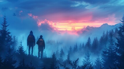 A pair of hikers in awe of the majestic scenery at dusk, symbolizing teamwork, motivation, and the journey of exploration. The fog and twilight reflect their mutual trust and success. High resolution