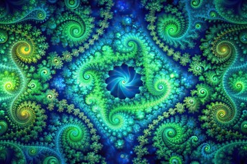 Fractal realms abstraction in green and blue colors with dark background