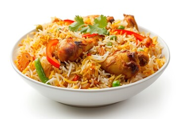 Photo of chicken biryani food rice white background.