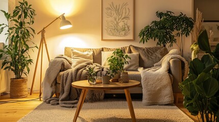 Cozy living room interior with a sofa, a coffee table, plants and a floor lamp.