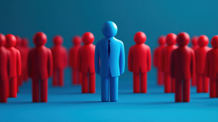 leader stands out among crowd, symbolizing motivation and career growth. blue figure represents guidance, while red figures signify teamwork and collaboration