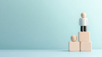 Building success through teamwork and leadership, this features wooden figures on blocks, symbolizing career growth and support