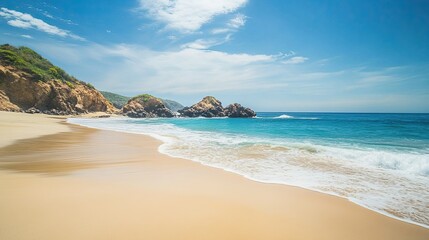 Fototapeta premium Serene beach on the Pacific coast of Mexico, with plenty of space for text