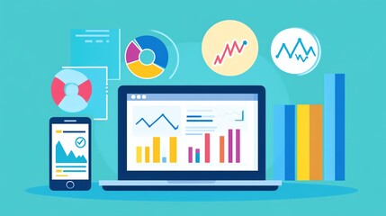Colorful digital analytics dashboard with graphs and charts, showcasing data analysis on a laptop and smartphone.