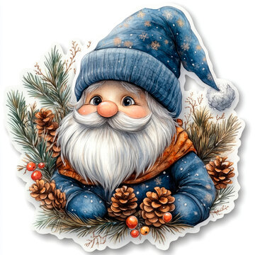 Sticker of Christmas gnom cute happy winter character, simple illustration on a white background, cute and dreamy.