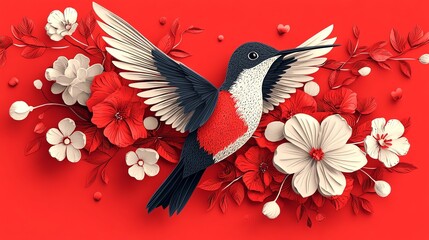 Obraz premium Paper cut hummingbird pattern with perfectly balanced wings and mirrored floral details, paper cut hummingbird, symmetrical wildlife pattern