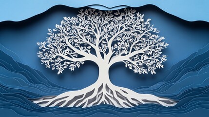 Paper cut tree pattern with perfectly balanced branches and roots, creating a harmonious nature design, paper cut tree, symmetrical nature pattern